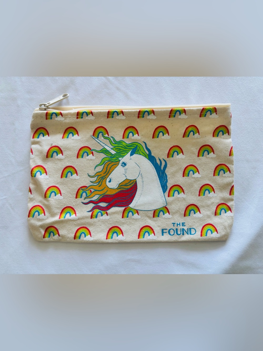 The Found Rainbow Unicorn Zip Pouch - Cream with Multicolor, NEW!